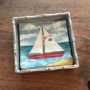 Mariposa Silver Frame Nautical Sailboat Red White Blue Art Tile